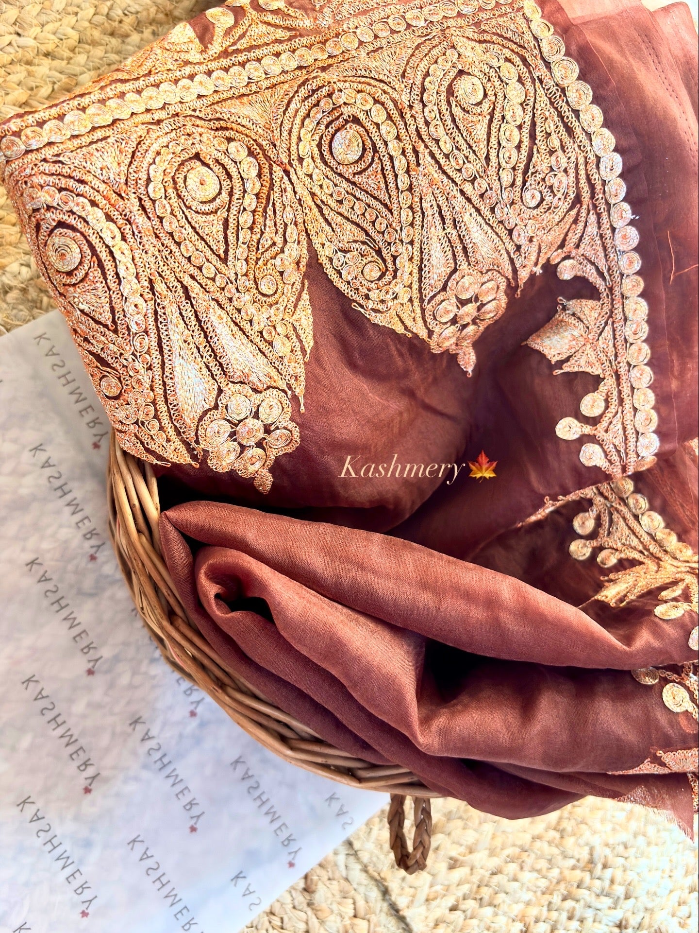 Madhuri Brown Organza Saree With Kashmiri Tilla Embroidery