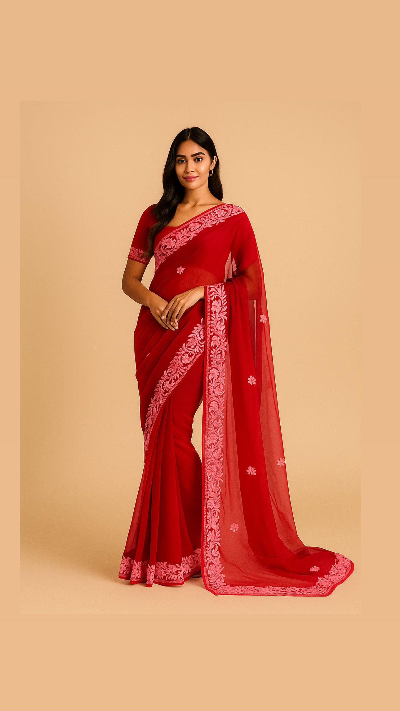 Noor Red Organza Saree With Kashmiri Aari Embroidery