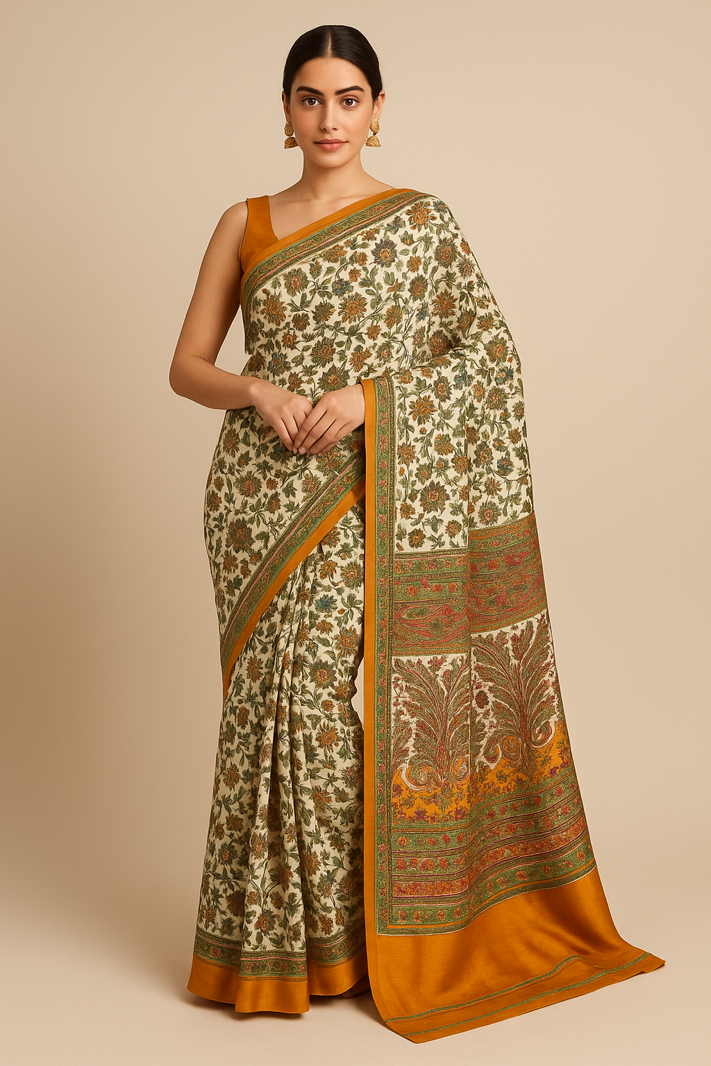 Naari Musatrd Kashmiri Silk Kalamkari Saree with Blouse