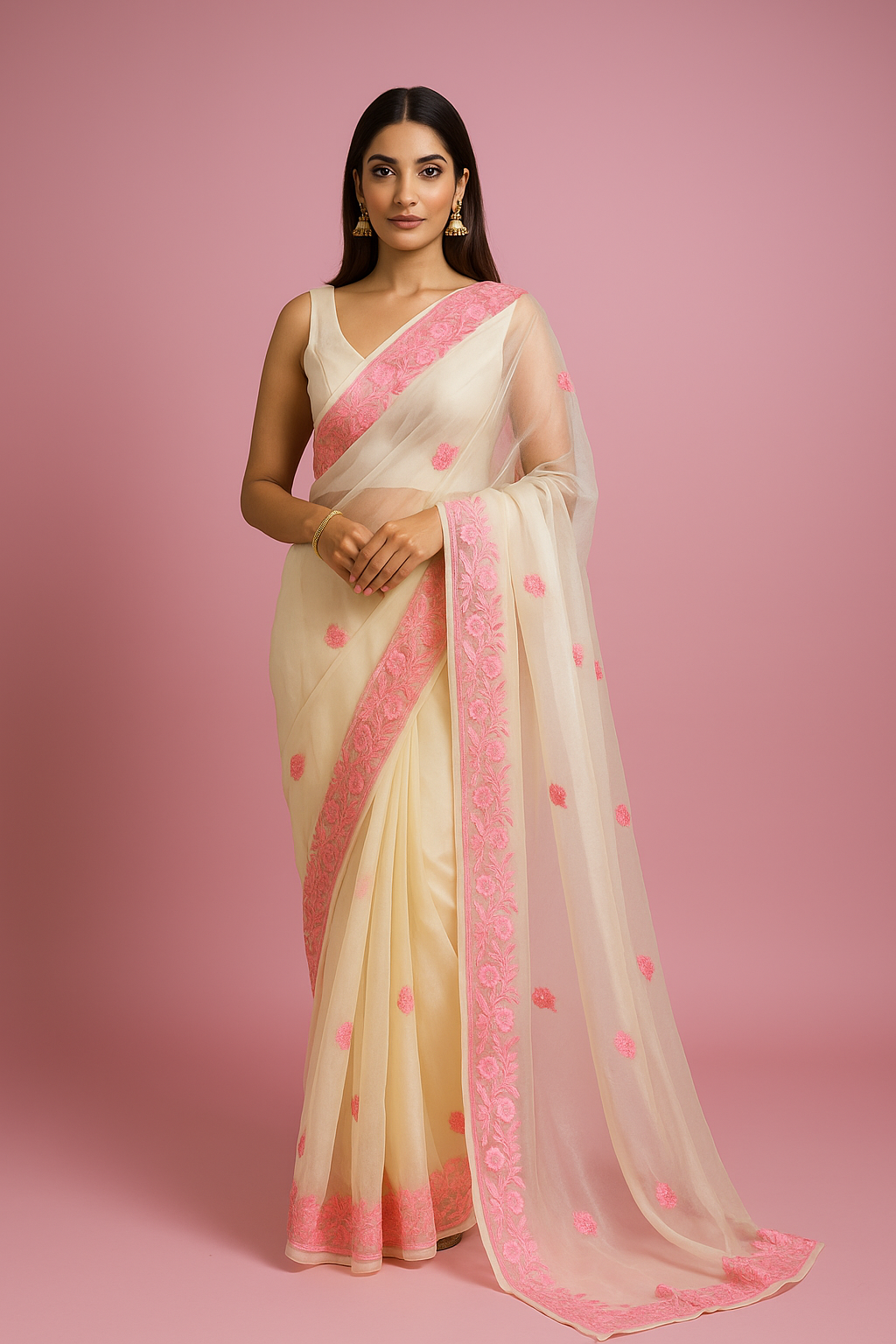 Noor White Organza Saree With Kashmiri Aari Embroidery