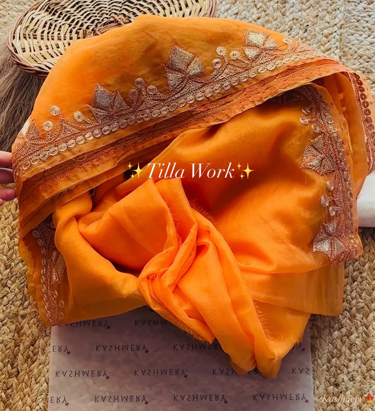 Madhuri Peach Organza Saree With Kashmiri Tilla Embroidery