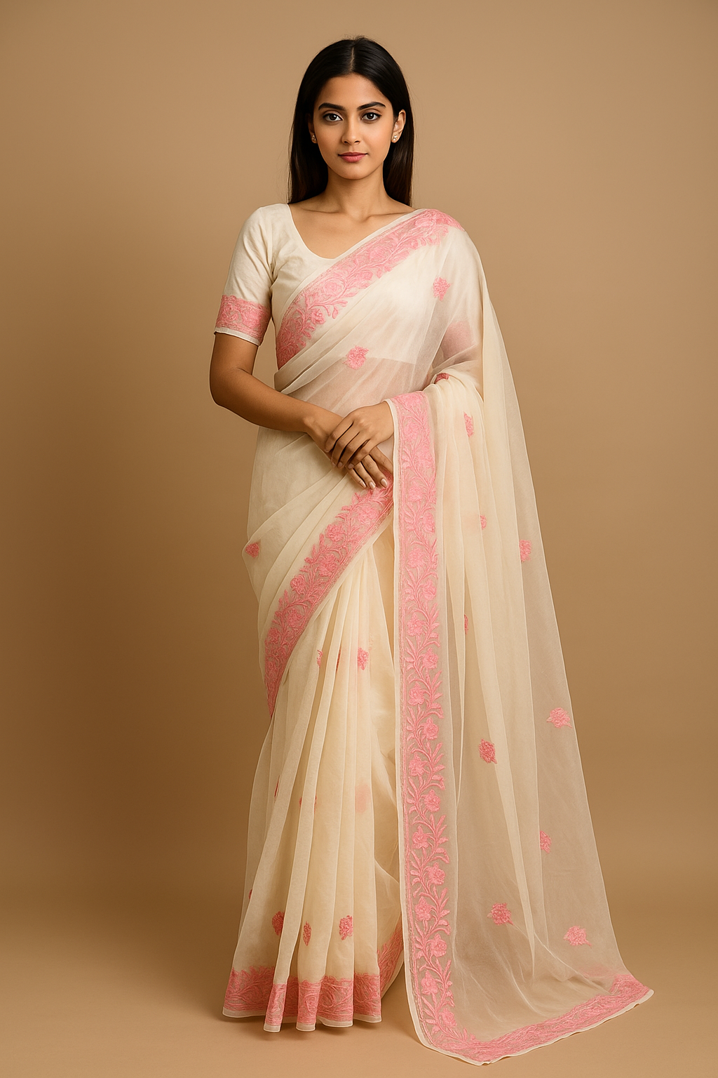 Noor White Organza Saree With Kashmiri Aari Embroidery