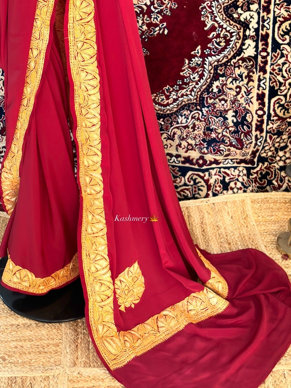 Posh Maroon Saree With Kashmiri Tilla Embroidery