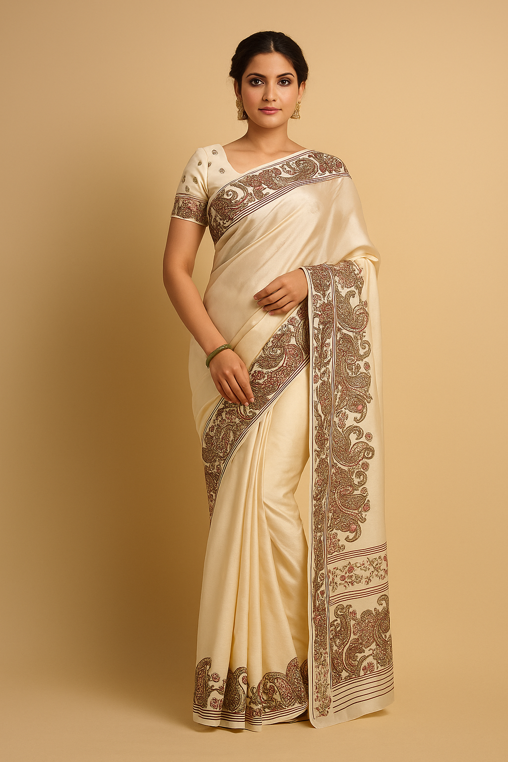 Naari Ivory Kashmiri Silk Printed Saree with Blouse