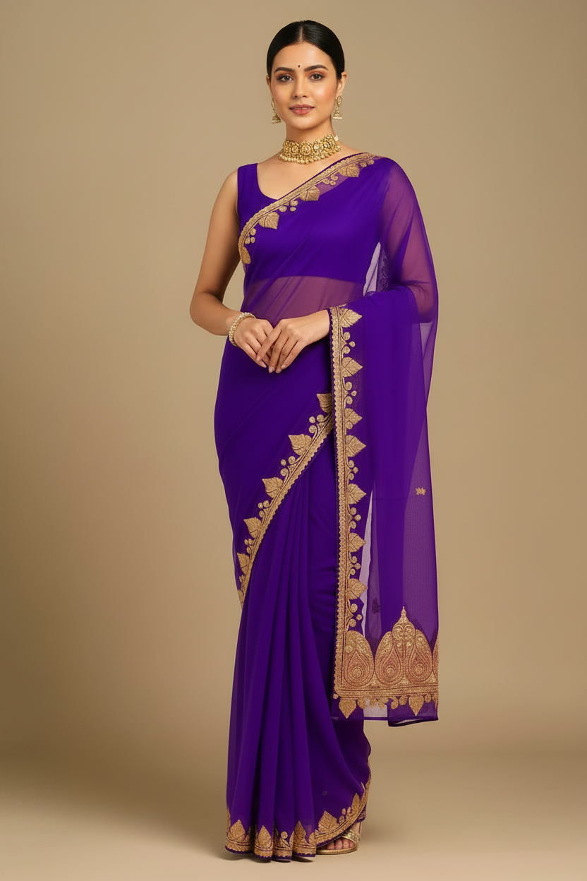 Madhuri Purple Organza Saree With Kashmiri Tilla Embroidery