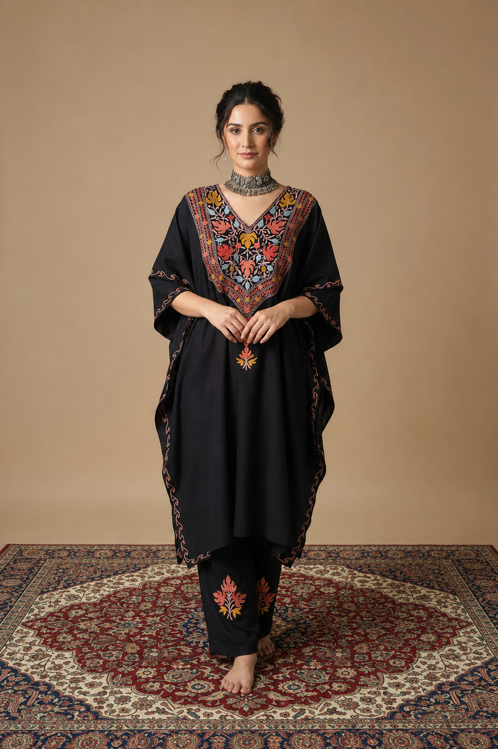 Heer Black Long Multi color Aari Work Kaftan Set