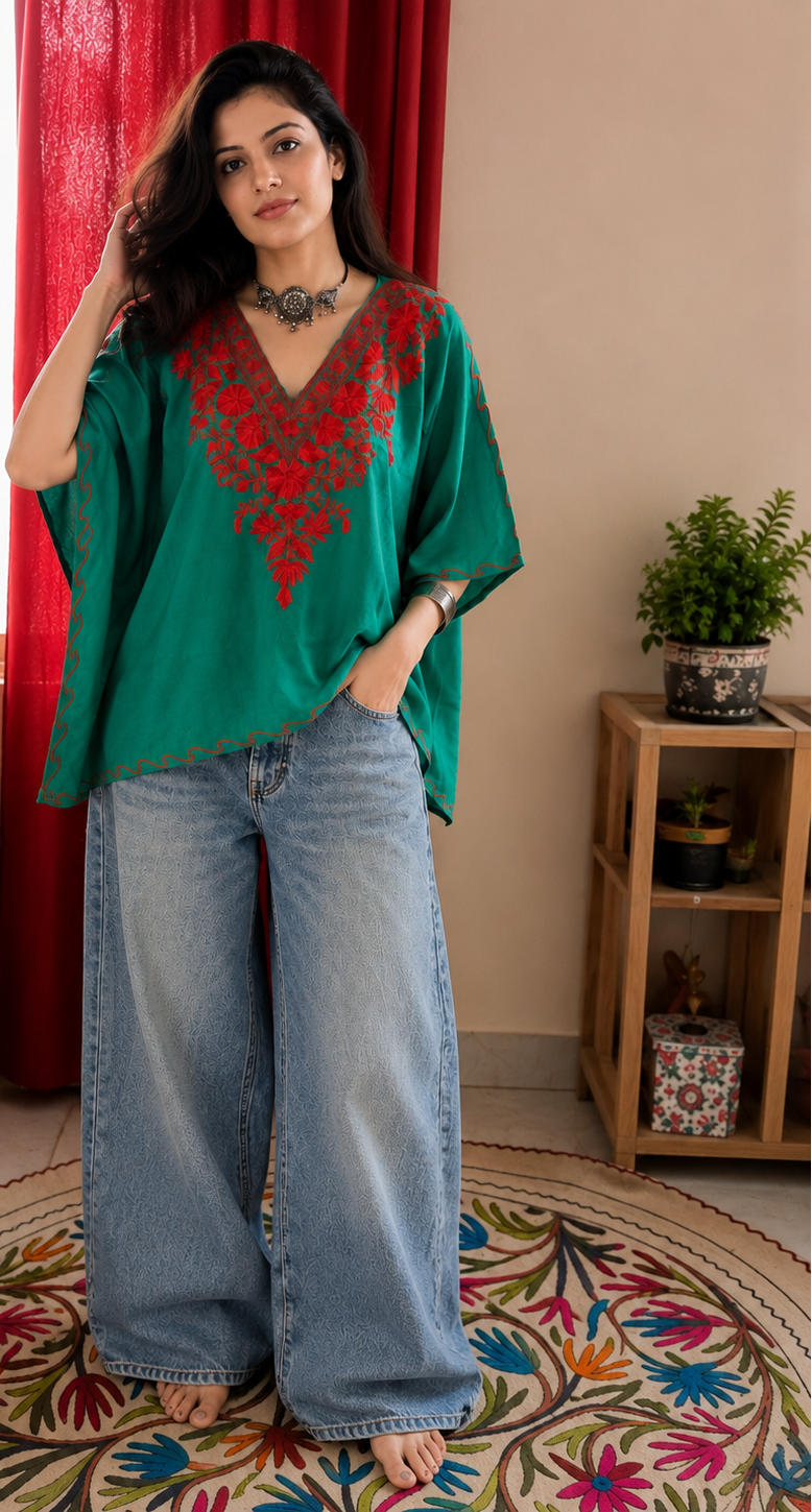Lailaa Green Mini Kaftan Top with Red Aari Embroidery