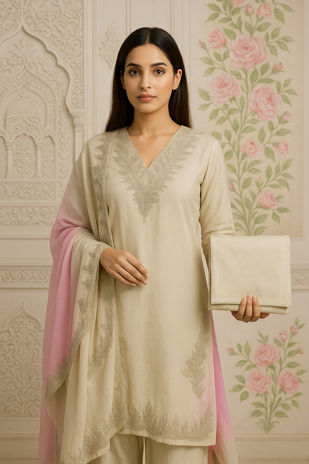 Gulab Zari White Unstitched Suit