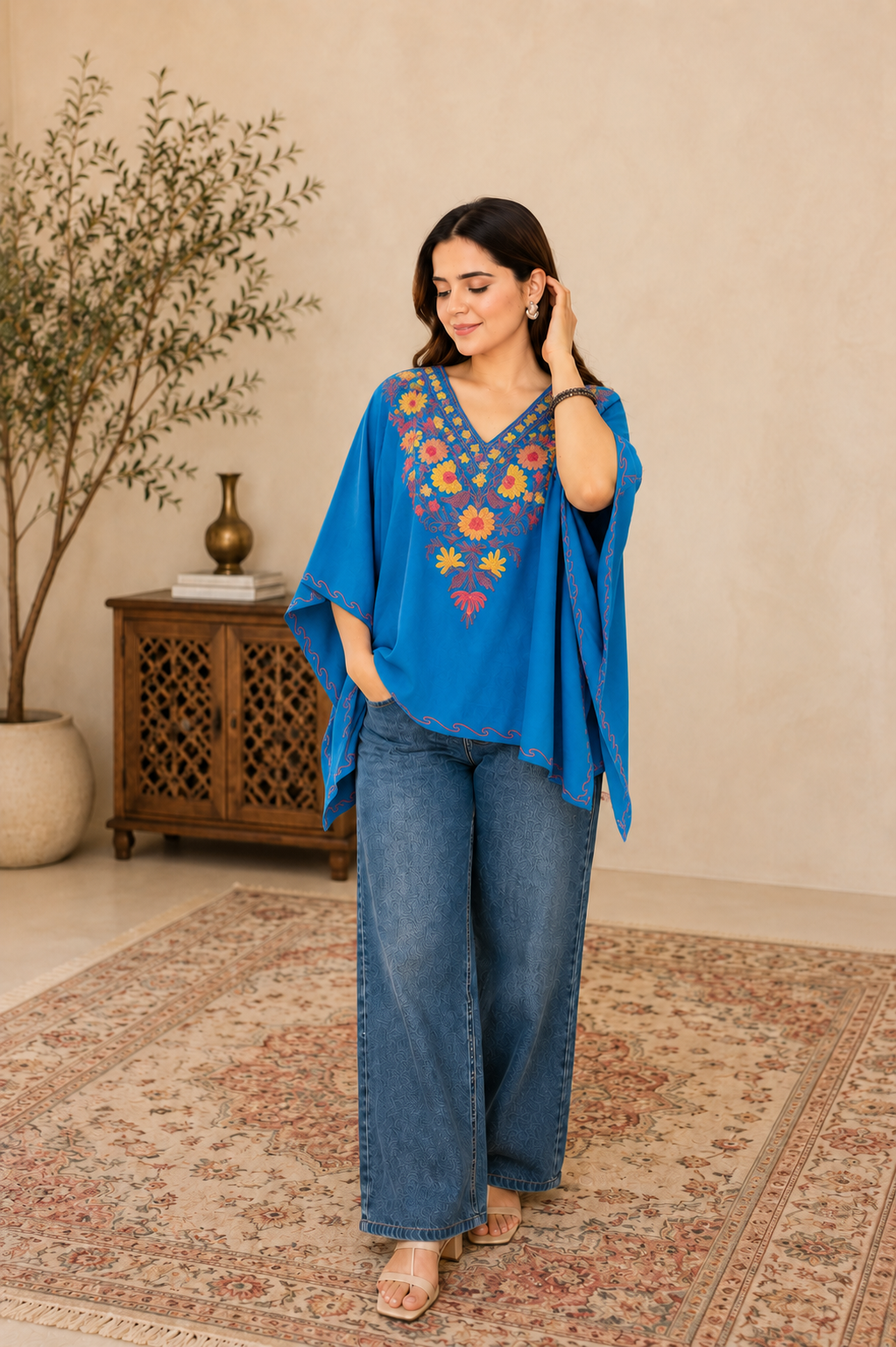 Lailaa Blue Mini Kaftan Top with Aari Embroidery