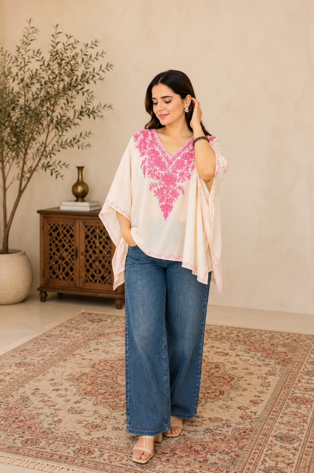 Lailaa White Mini Kaftan Top with Pink Aari Embroidery