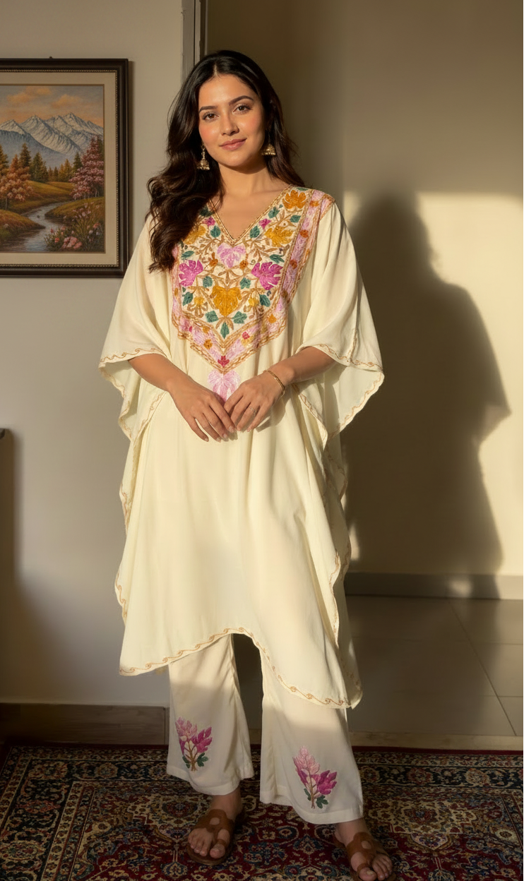 Heer White Long Aari Work Kaftan Set