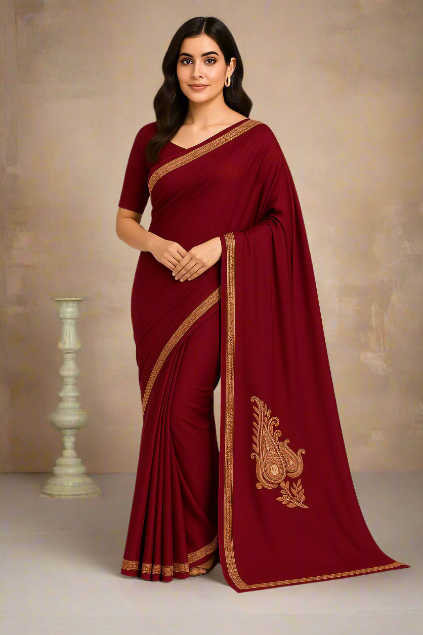Omang Maroon Crepe Saree with Kashmiri Tilla Embroidery