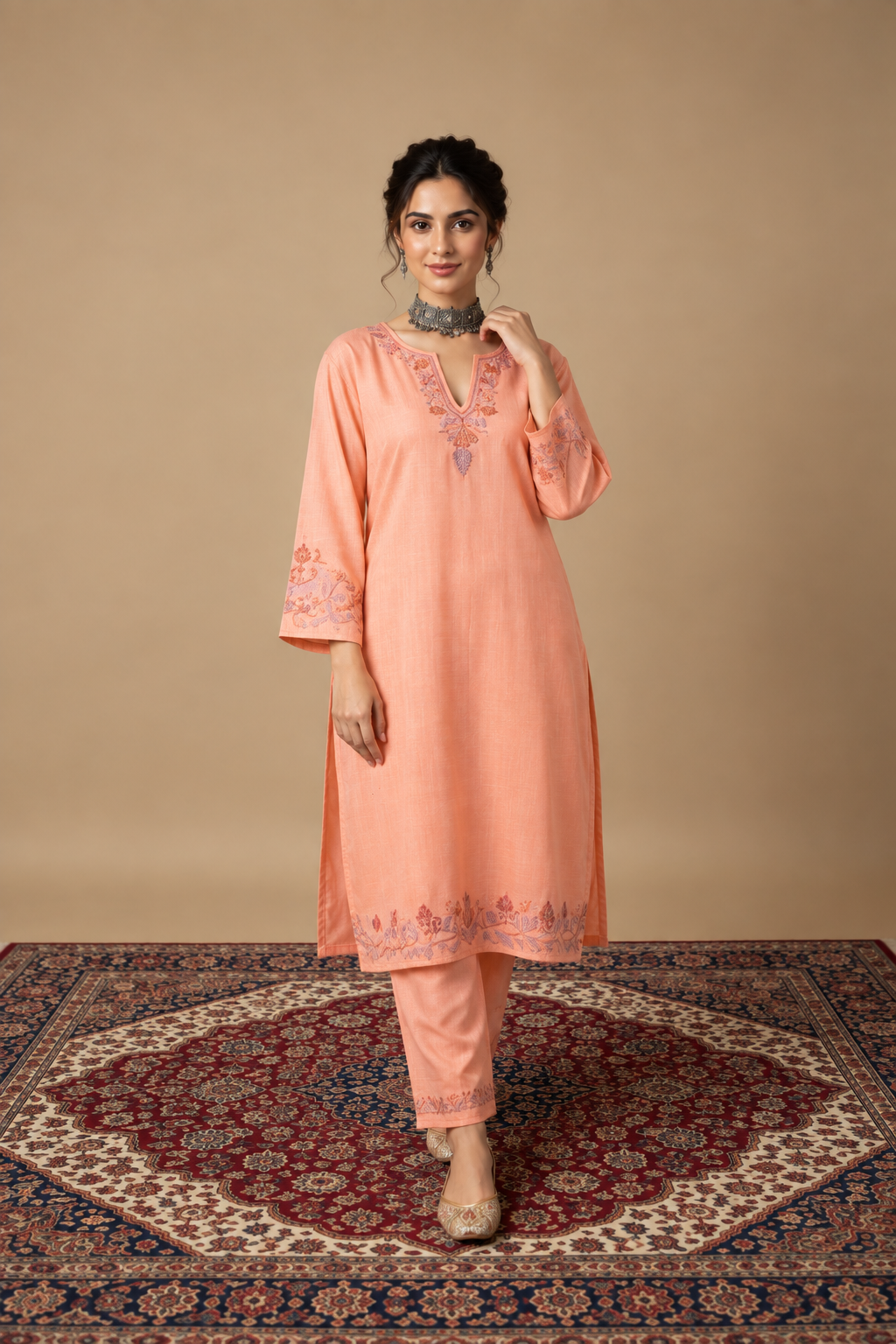 Pamposh Peach Premium Sellf Aari Embroidered Kurta Set – Summer Edition