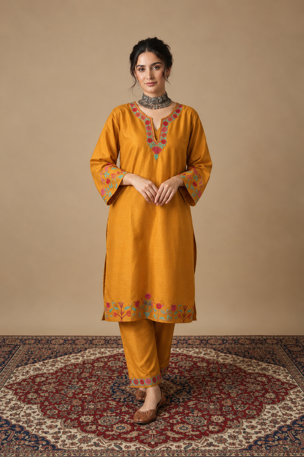 Pamposh Mustard Premium Mutli Color Aari Embroidered Kurta Set – Summer Edition