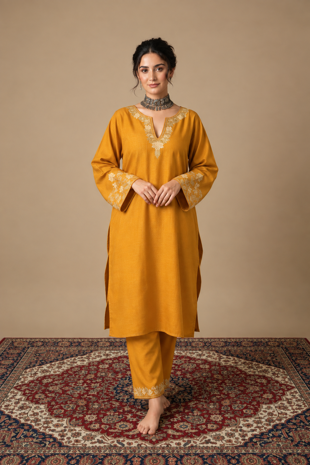 Pamposh Mustard Premium Mutli Color Aari Embroidered Kurta Set – Summer Edition