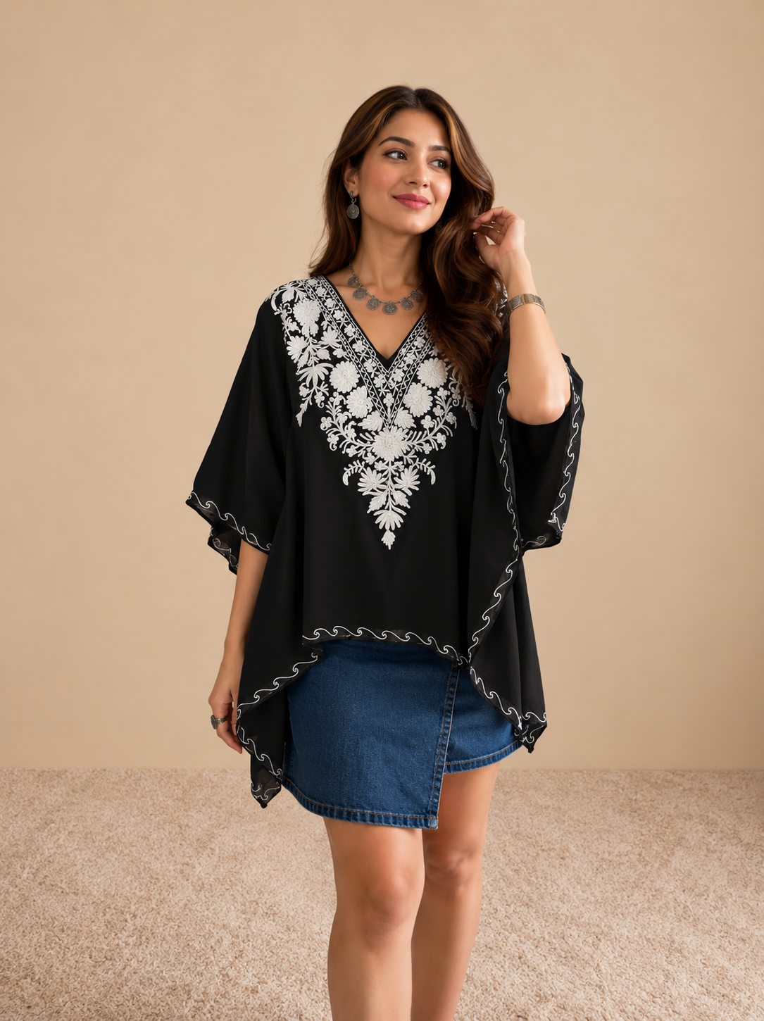 Lailaa Black Mini Kaftan Top with White Aari Embroidery