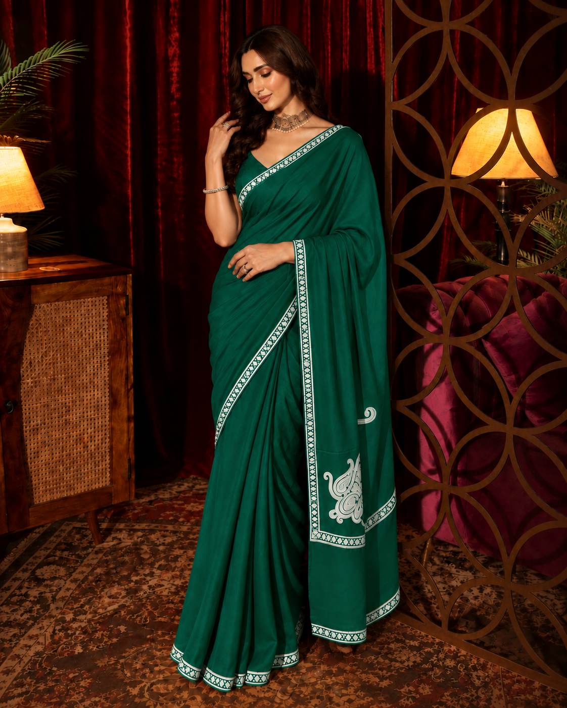 Omang Green Crepe Saree with Kashmiri Silver Tilla Embroidery