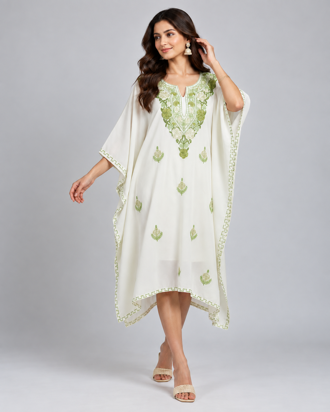 Heer White Long Aari Work Kaftan