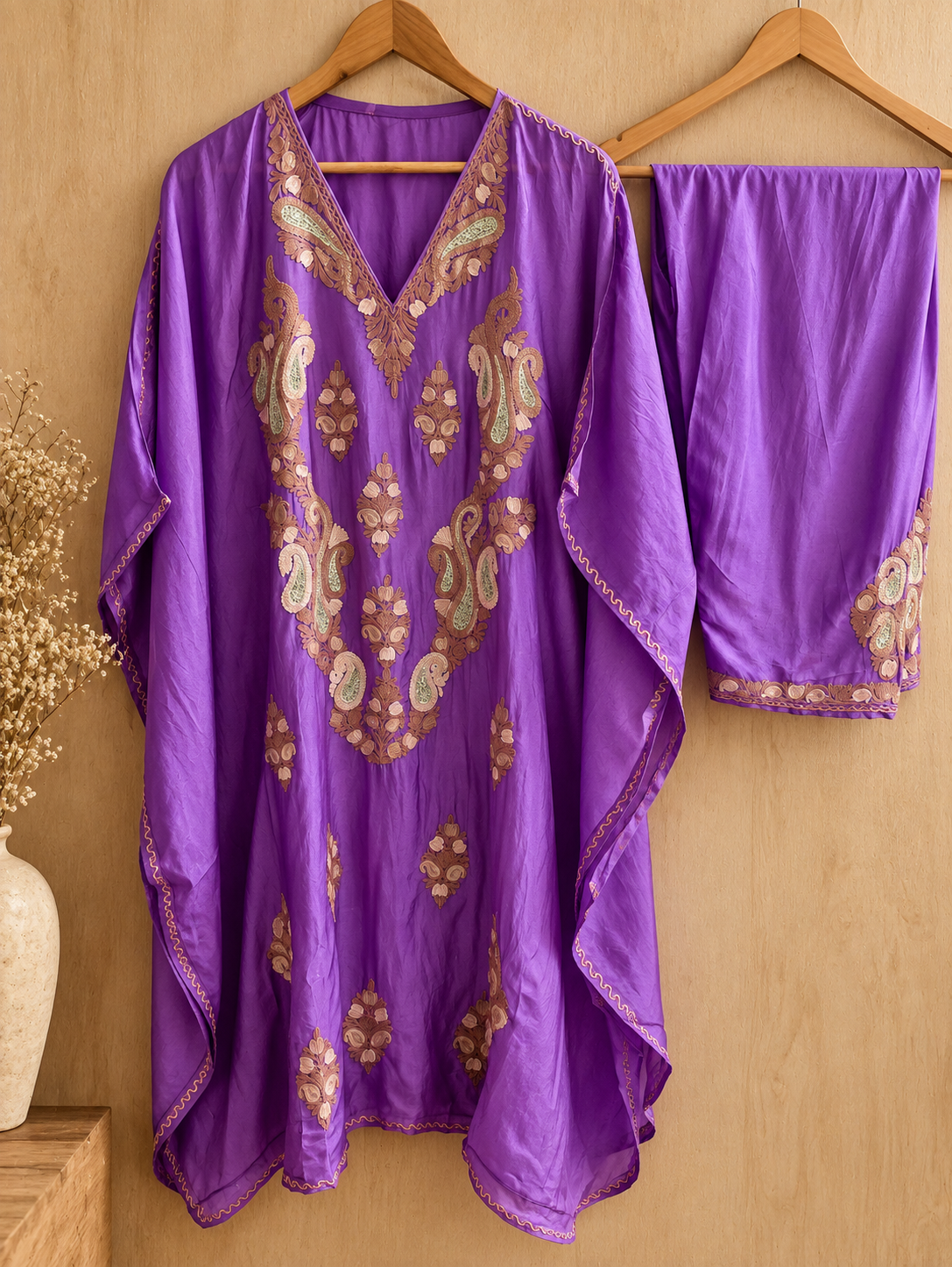 Lailaa Lavendar Silk Kaftan Set with Premium Embroidery