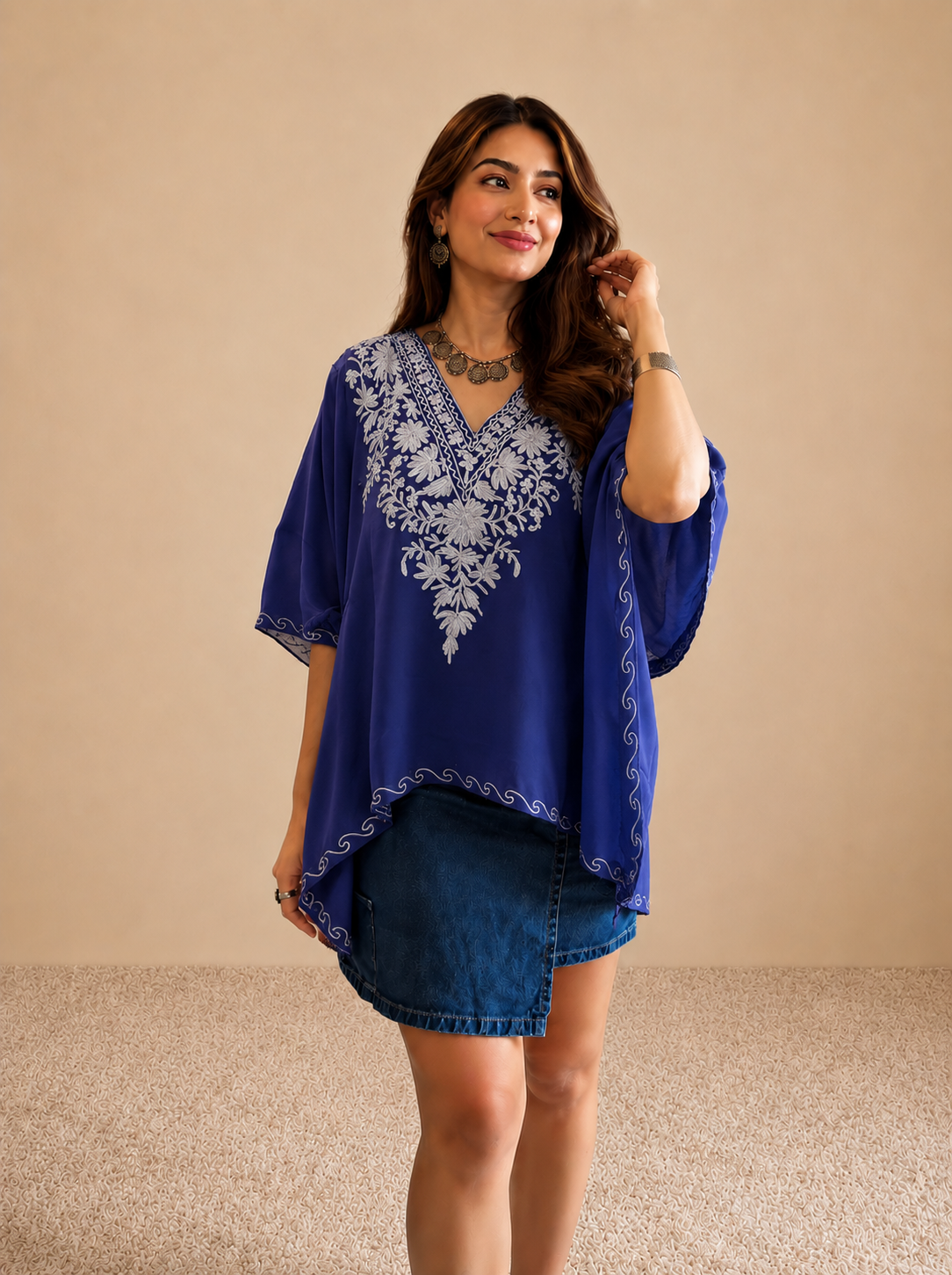 Lailaa Blue Mini Kaftan Top with Grey Aari Embroidery