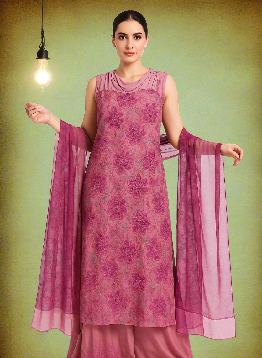 Heer Pastel Pink Kashmiri Silk Unstiched Suit with Thread Embroidery