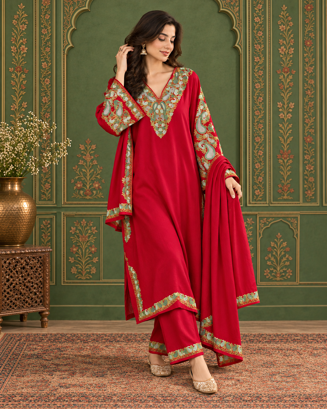 Pamposh Red Crepe suit-Set with Dupatta