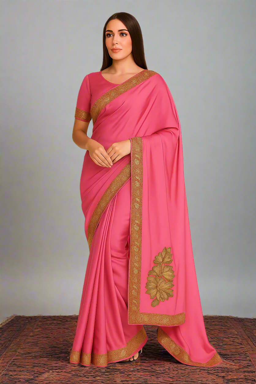 Mahren Pastel Noon Chai Pink Crepe Saree With Kashmiri Tilla Embroidery