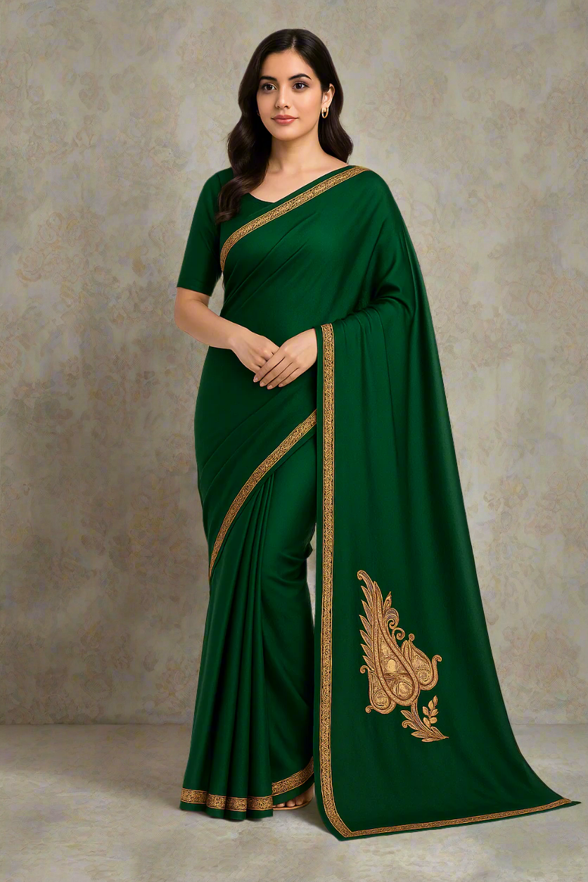 Omang Greenish Crepe Saree with Kashmiri Tilla Embroidery