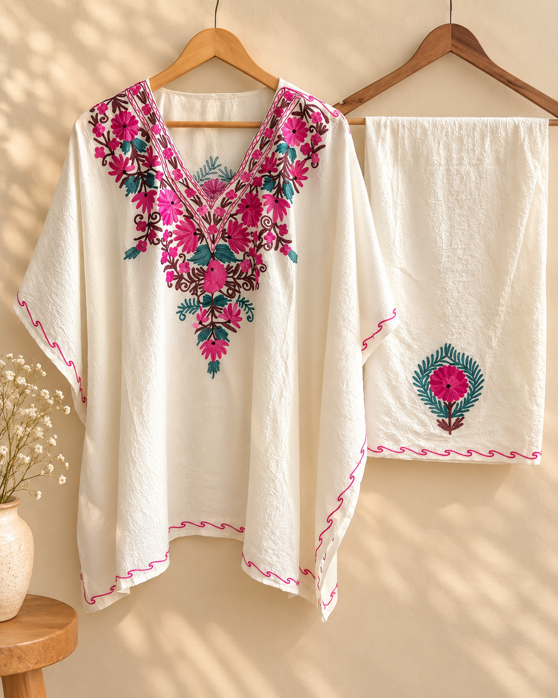 Posh White Mini Kaftan Set with Multi Color Aari Embroidery