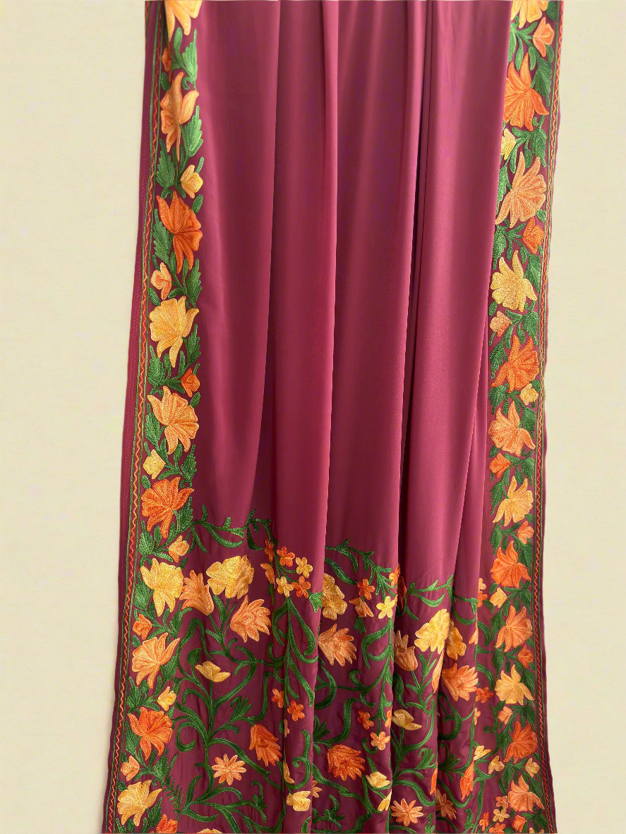 Posh Wine Crepe Saree with Kashmiri Aari Embroidery