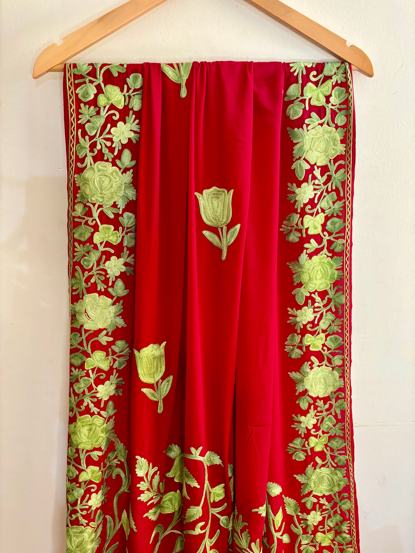 Posh Red Crepe Georgette Saree with Kashmiri Aari Embroidery