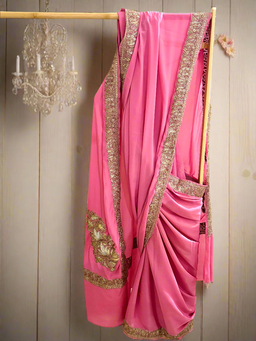 Mahren Pastel Noon Chai Pink Crepe Saree With Kashmiri Tilla Embroidery