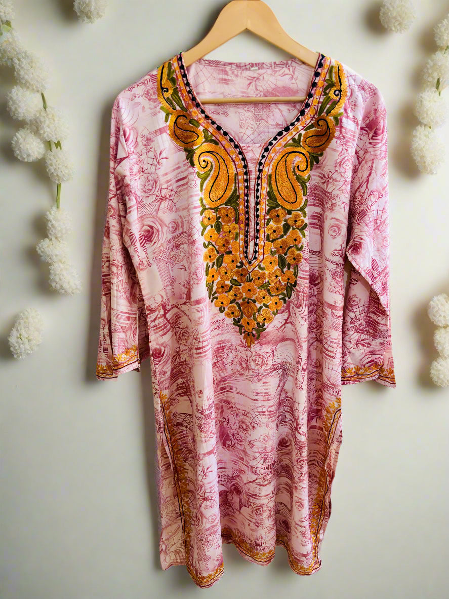 Summer Posh Floral Pink Kurti with Multicolour Aari Kurta