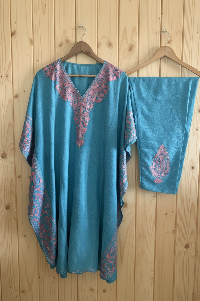 Lailaa Ferozi Blue Side Jal Kaftan Set with Multi Aari Embroidery