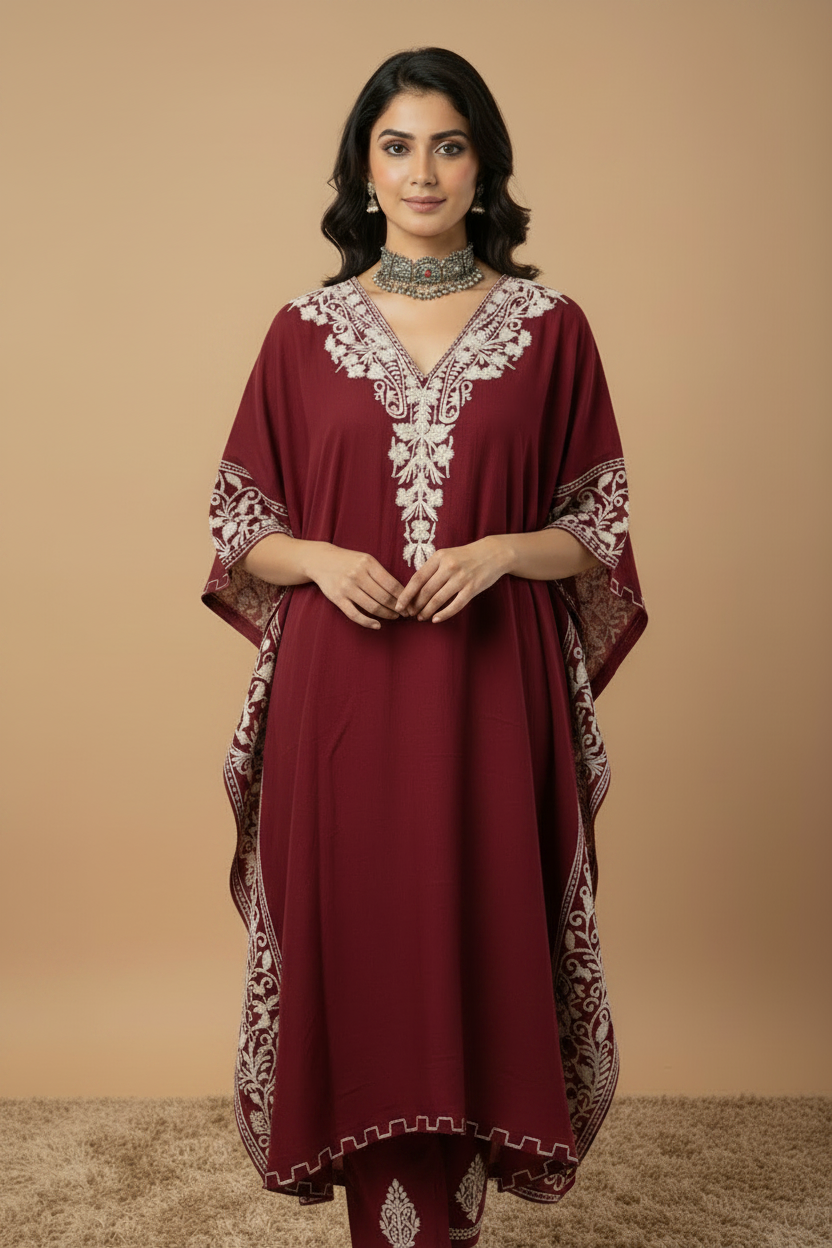Lailaa Maroon Side Jal Kaftan Set with Multi Aari Embroidery