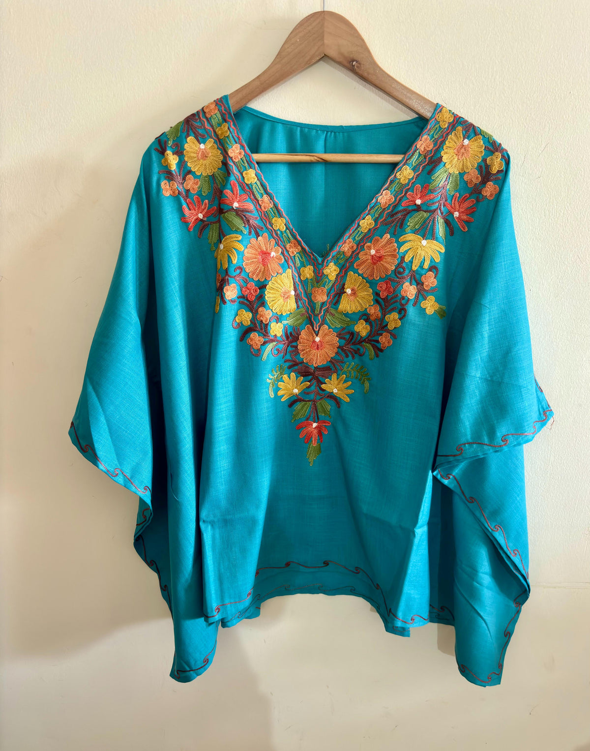 Lailaa 2 Blue Mini Kaftan Top with Multi Color Aari Embroidery