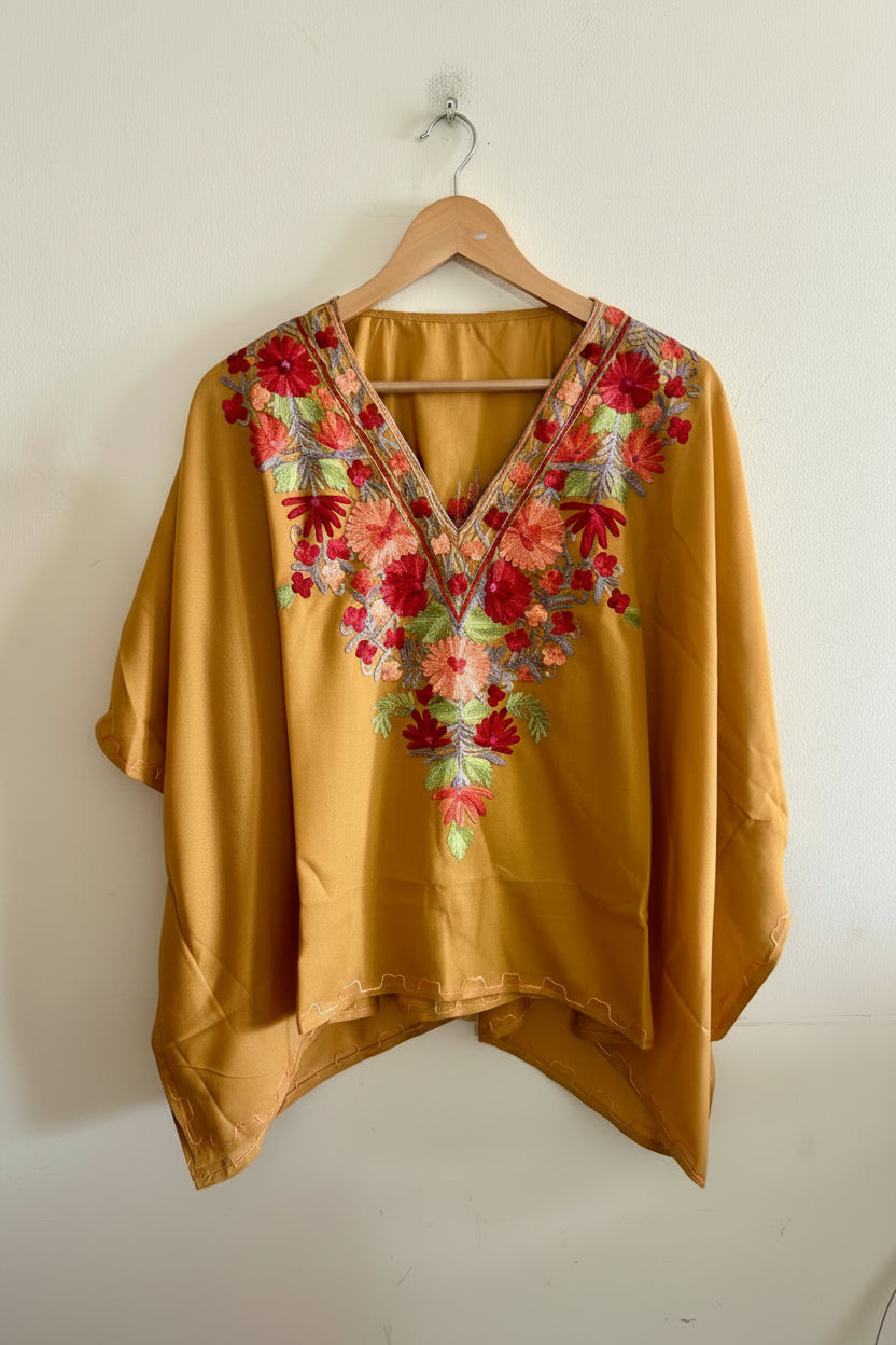 Lailaa Mustard Brown Mini Kaftan Top with Multi Color Aari Embroidery