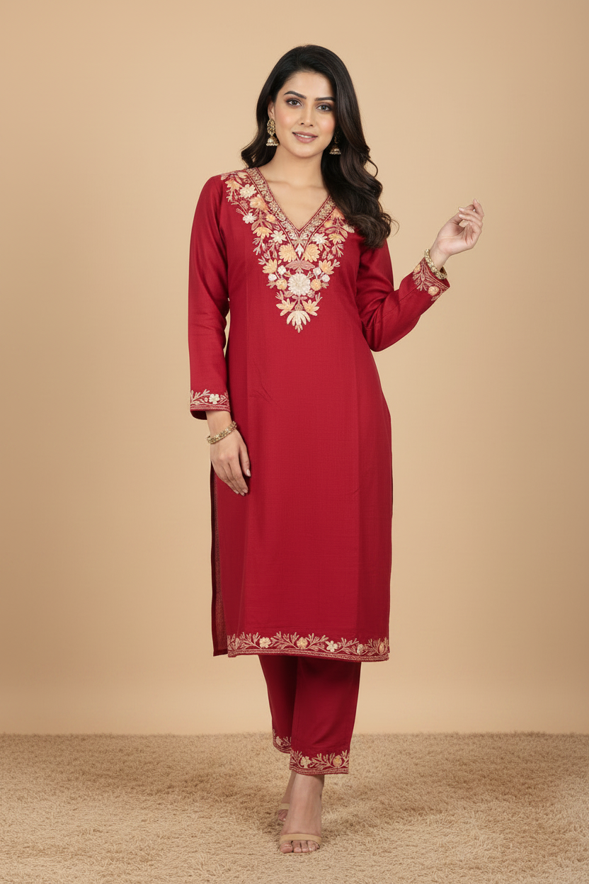 Pamposh Maroon Mutli Color Aari Embroidered Kurta Set – Summer Edition