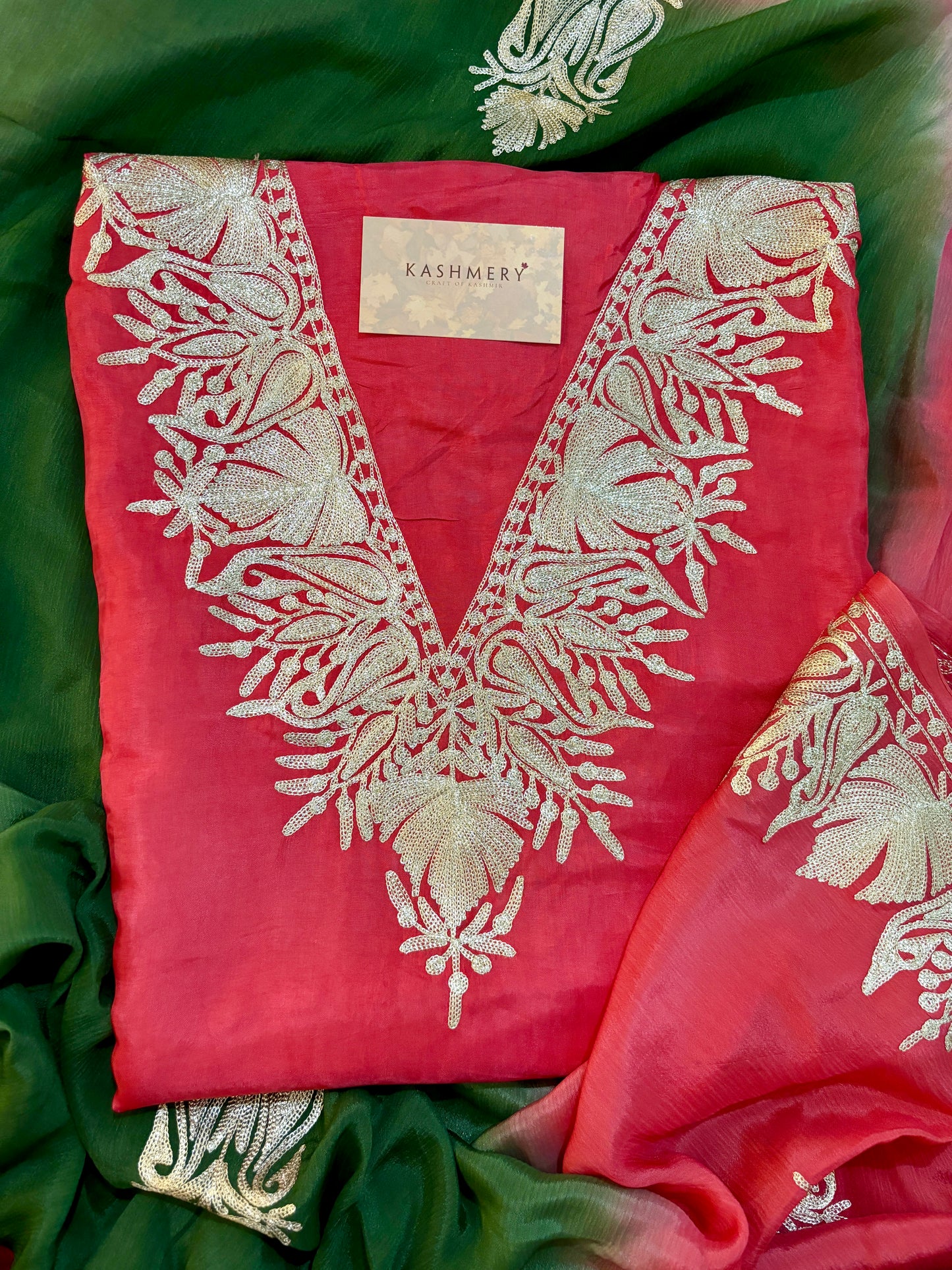 Gulab Zari Coral Pink Unstitched Suit
