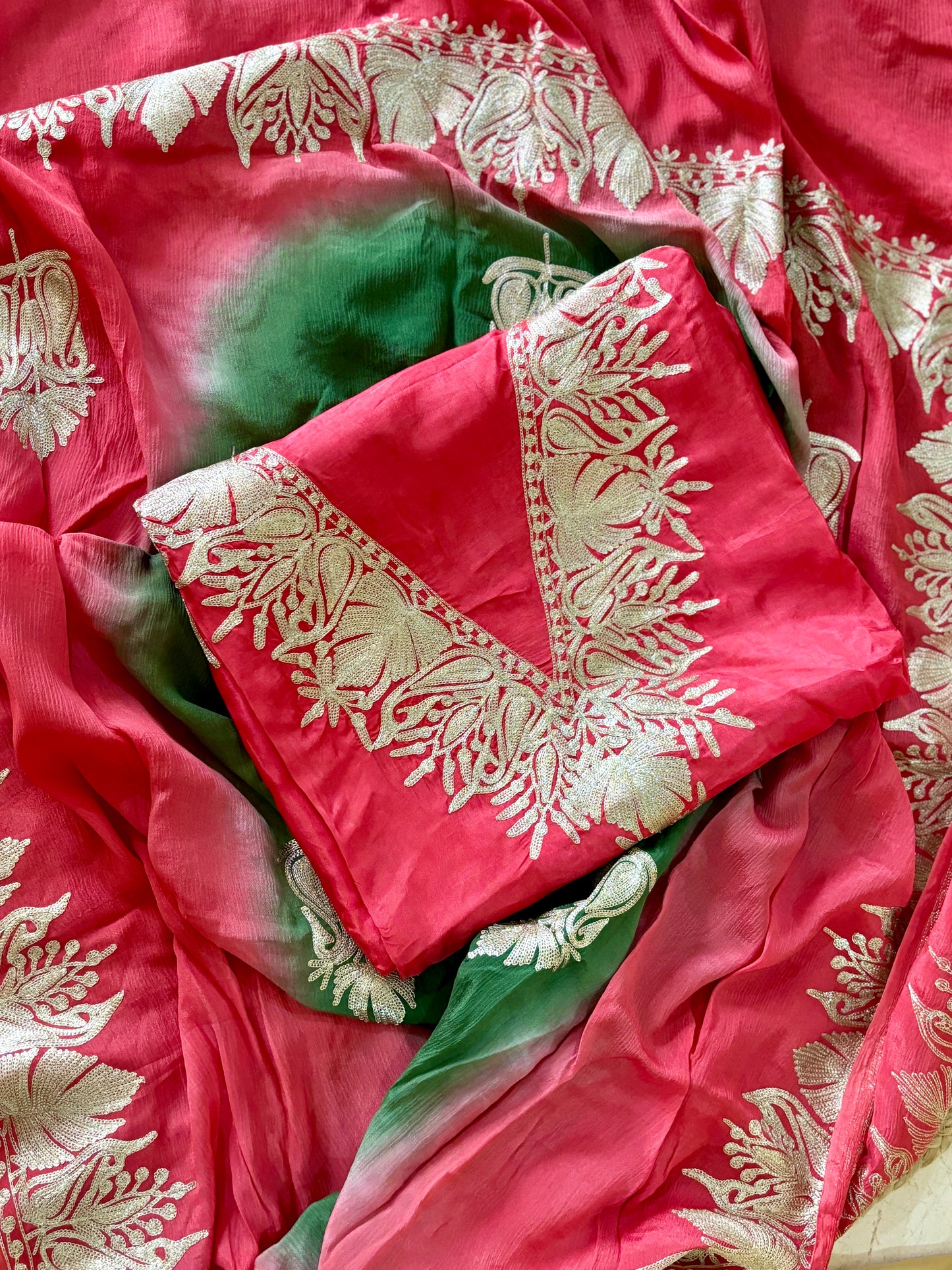 Gulab Zari Coral Pink Unstitched Suit