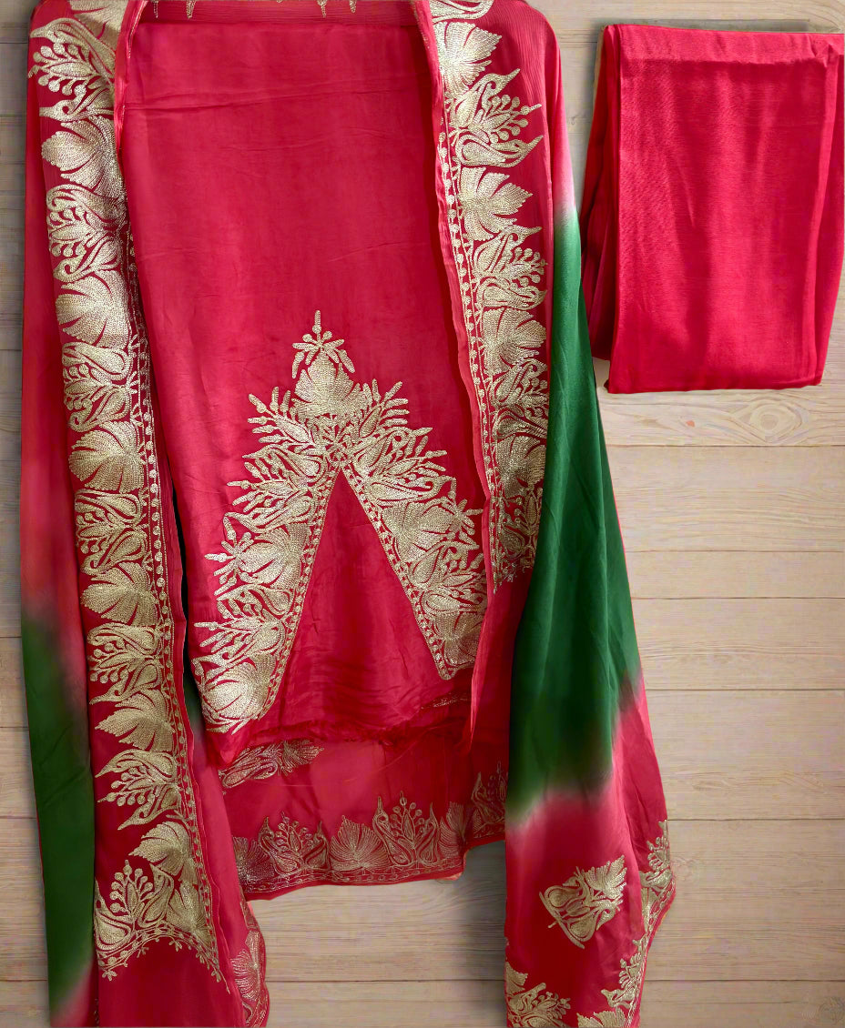 Gulab Zari Coral Pink Unstitched Suit