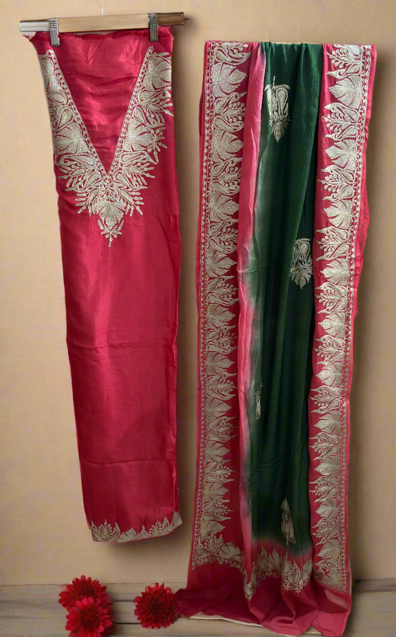 Gulab Zari Coral Pink Unstitched Suit