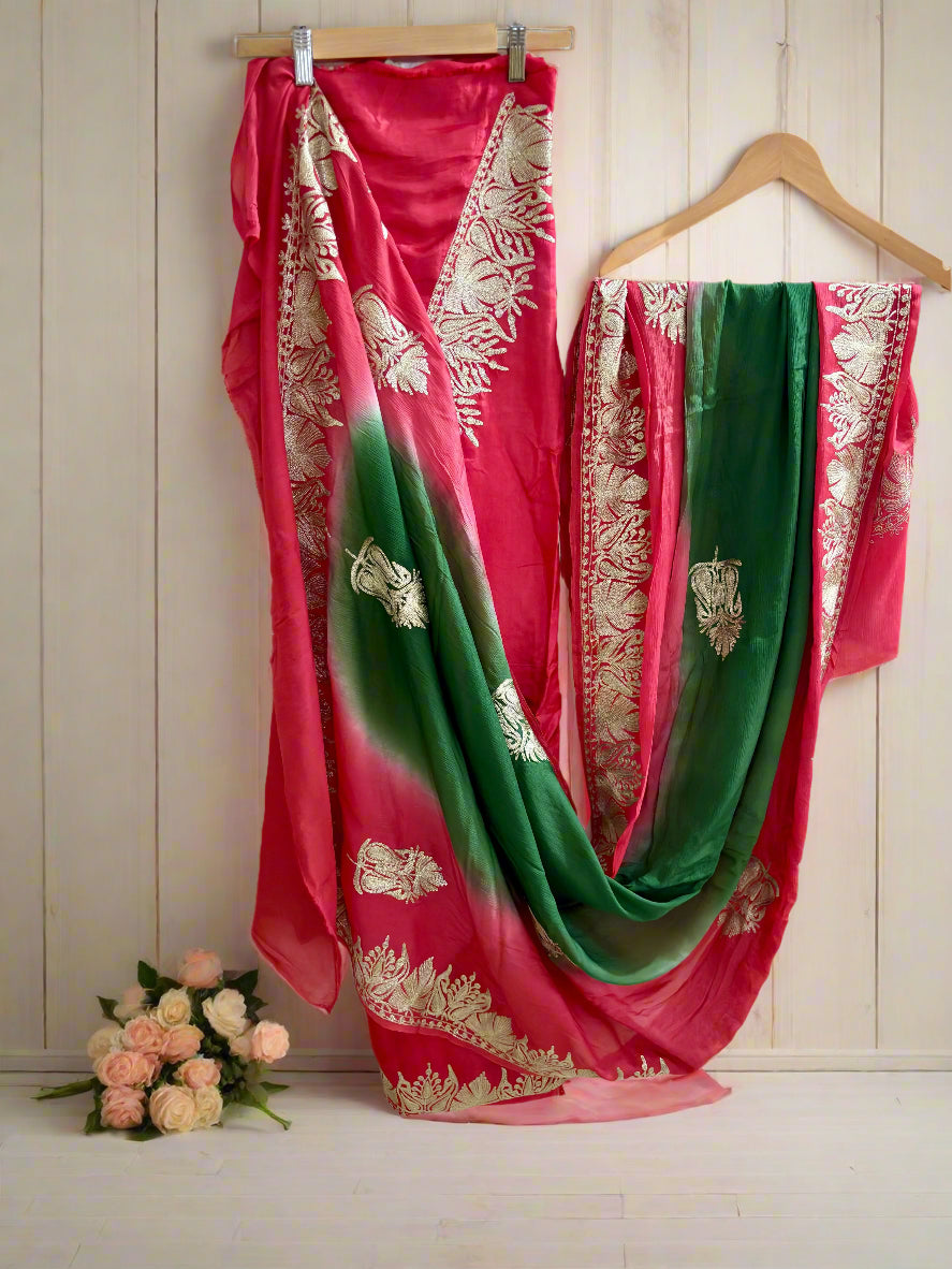 Gulab Zari Coral Pink Unstitched Suit