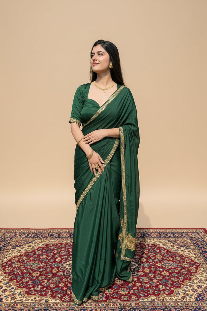 Omang Greenish Crepe Saree with Kashmiri Tilla Embroidery