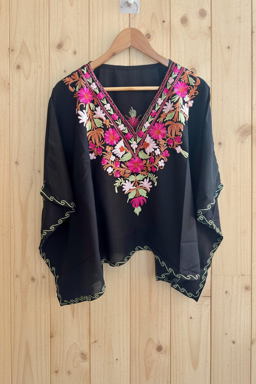 Lailaa Black Mini Kaftan Top with Multi Aari Embroidery