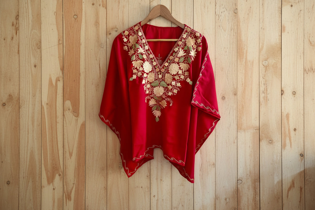 Lailaa Reddish Maroon Mini Kaftan Top with Multi Aari Embroidery