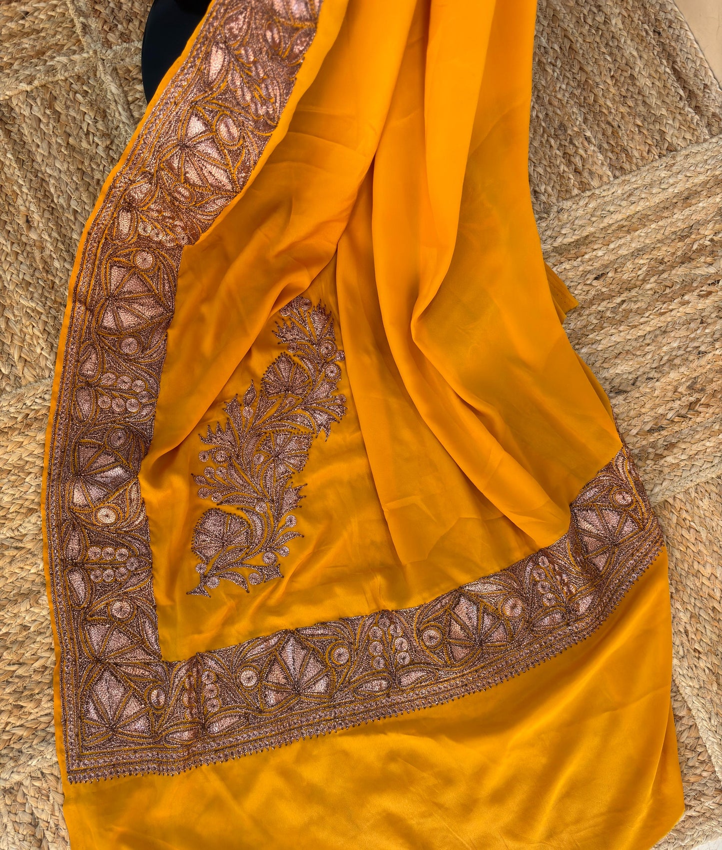 Mahren Mustard Crepe Saree With Kashmiri Tilla Embroidery