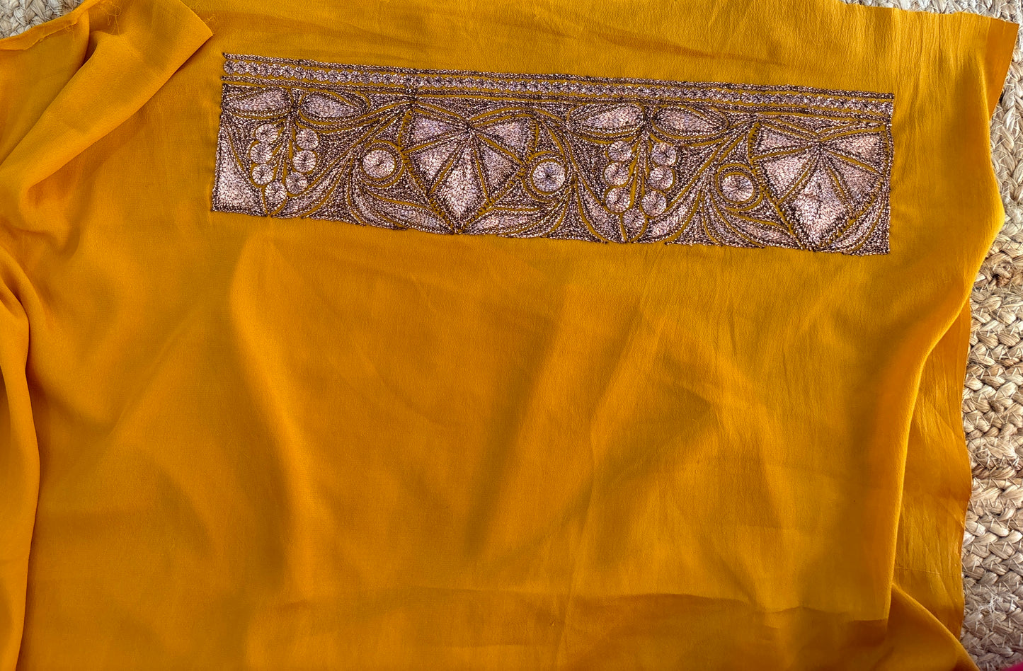 Mahren Mustard Crepe Saree With Kashmiri Tilla Embroidery