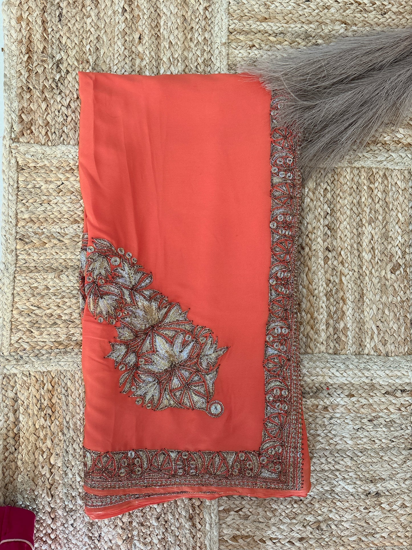 Mahren Pastel Pastel Orange Crepe Saree With Kashmiri Tilla Embroidery