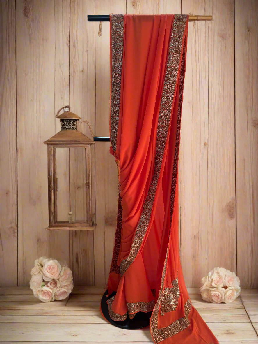 Mahren Pastel Pastel Orange Crepe Saree With Kashmiri Tilla Embroidery